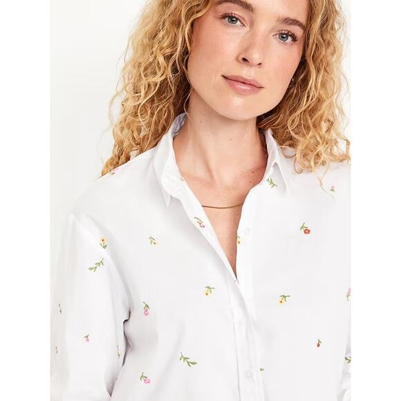 Old Navy Plus 2X White Floral Embroidered Cropped Shirt Cotton Button Down Shirt - Picture 3 of 9